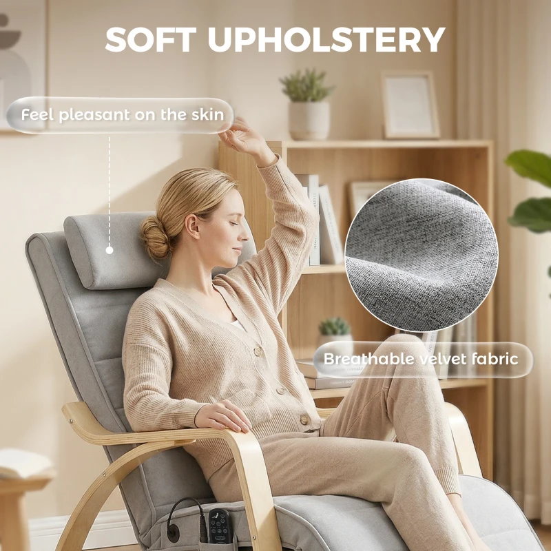 HOMCOM Schommelstoel met massage, verwarming, hoofdkussen & voetensteun, fluwelen bekleding, relaxstoel, lichtgrijs