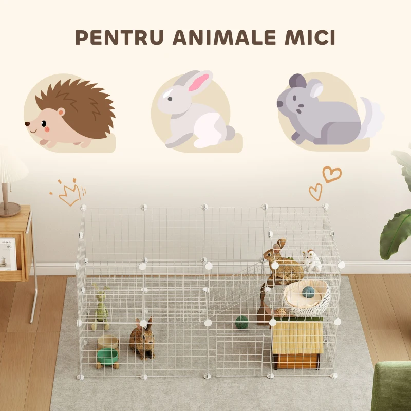 PawHut Țarc pentru Animale de Companie Mici, cu 36 de Panouri Modulabile din Metal și Ușă, Alb