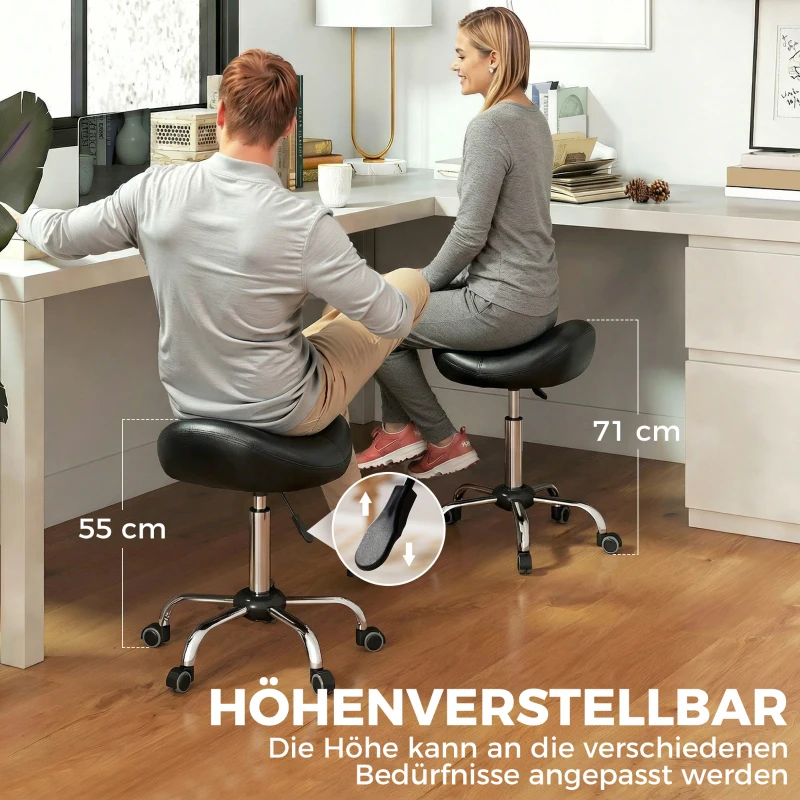 HOMCOM Salonhocker mit Sattelsitz, höhenverstellbar, Kunstleder, 48x48x54-69cm, Schwarz