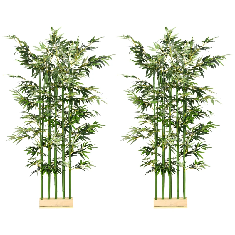 HOMCOM Conjunto de 2 Plantas Artificiais em Vaso de Madeira de Pinho 180cm Bambus Artificiais com 1640 Folhas Realistas 35x10x180 cm Verde