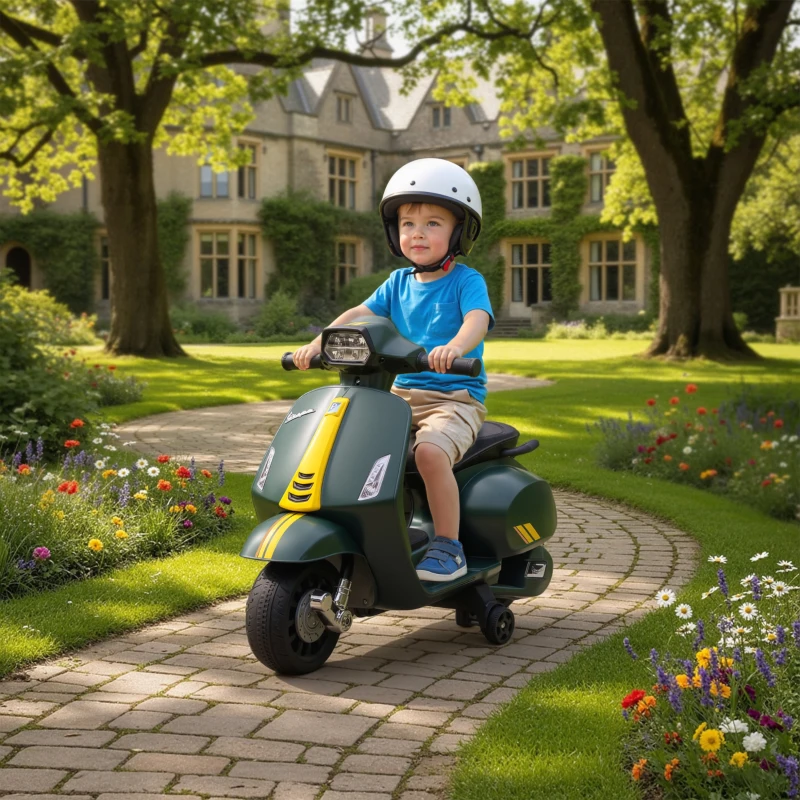 AIYAPLAY Motocicletă electrică pentru copii cu licență Vespa, baterie reîncărcabilă 6V, rotițe și lumini, vârsta 2-6 ani, verde închis