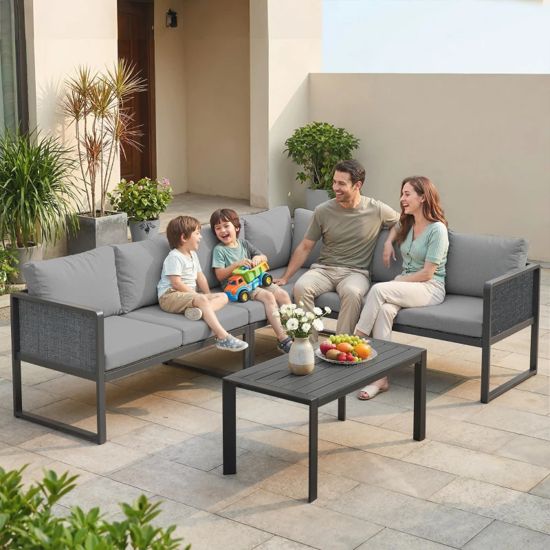 Outsunny 6 Seater Metal Garden Furniture Corner Sofa Set with 3 Loveseats, Faux Wood Table, Texteline Seat, Cushions, Dark Grey