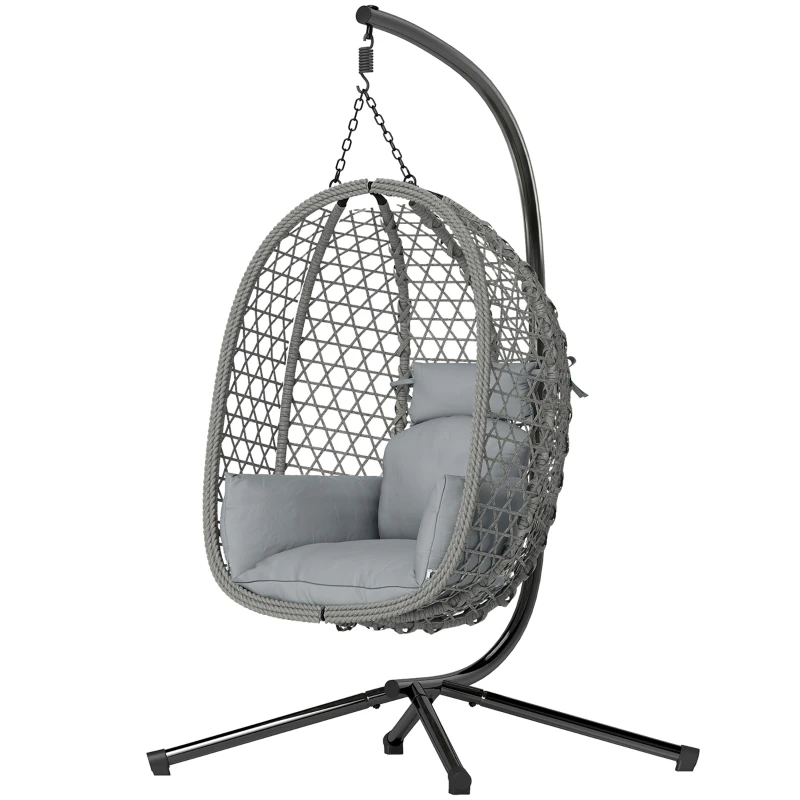 Outsunny Hanging Egg Chair, Indoor Outdoor Rattan Hammock Swing Chair with Stand, Safety Strap, Foldable Basket, Dark Grey