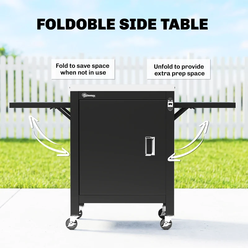 Outsunny Outdoor Grill Cart with Stainless Steel Tabletop, BBQ Table with a Cabinet, Towel Holder, Bottle Opener, Black