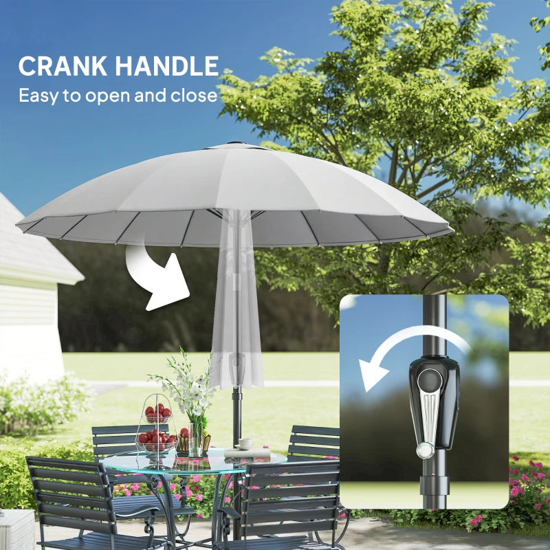 Outsunny 2 m Shanghai Garden Parasol Umbrella with 16 Fibreglass Ribs, Outdoor Parasol Sun Shade with Crank & Tilt, Light Grey