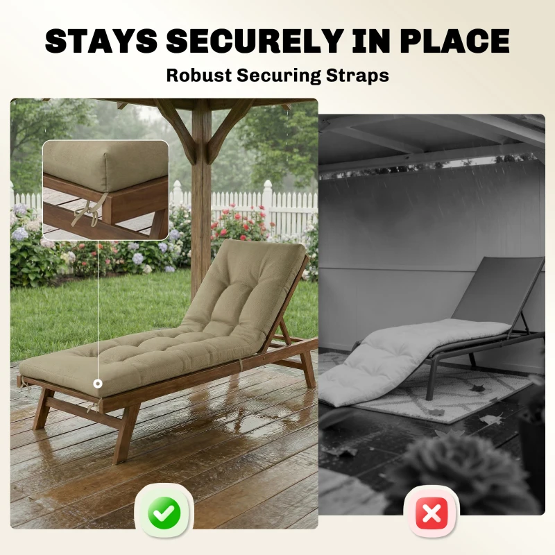 Outsunny Sun Lounger Cushion, Memory Foam Patio Chair Cushion with Ties, Outdoor Seat Pad Fits 190 x 60 cm Lounger, Sand