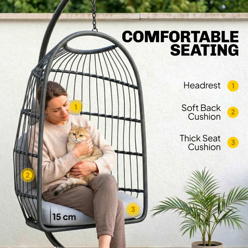 Outsunny Hanging Egg Chair, Indoor Outdoor Hammock Swing Chair with Stand, Safety Strap, Foldable Basket, Dark/Light Grey