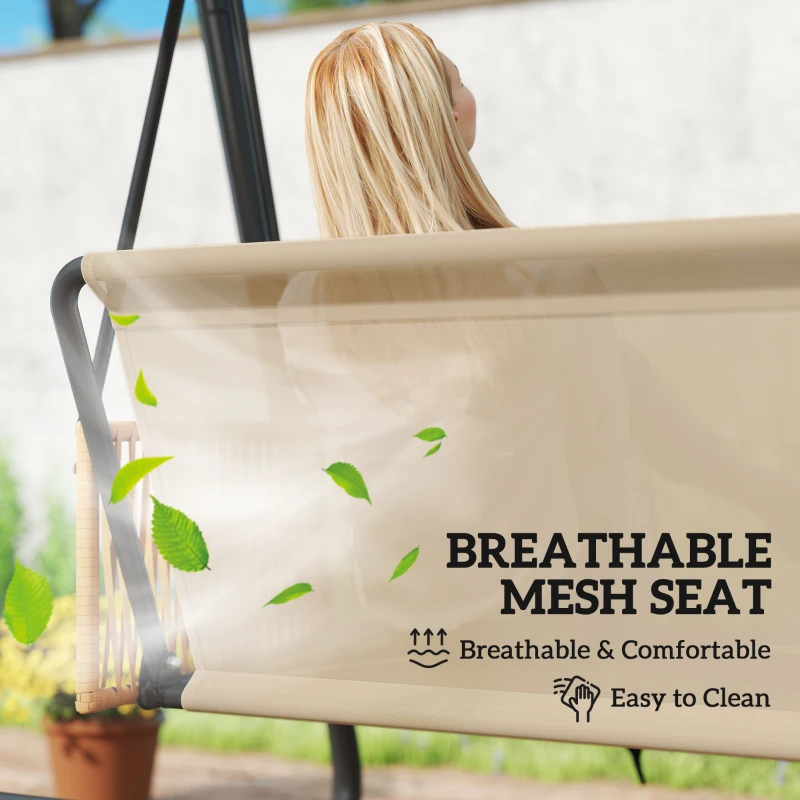 Outsunny 3 Seater Swing Chair with Adjustable Canopy, 360 kg Garden Swing Seat Outdoor Hammock Bench with Cushions, Sand Brown