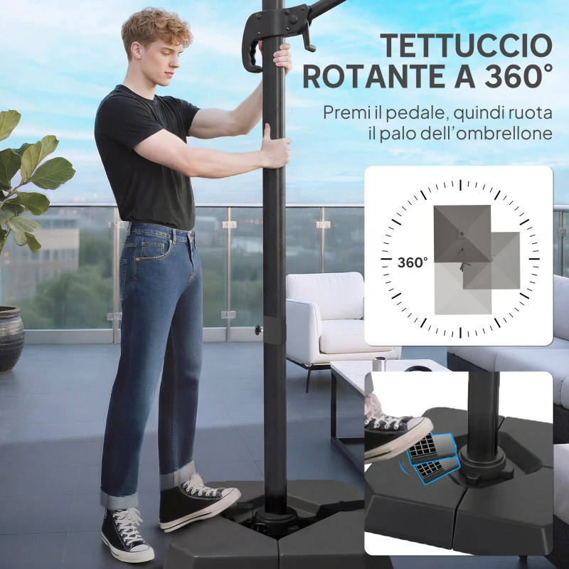 Outsunny Ombrellone Decentrato e Inclinabile 3x3 m con Base a Croce Riempibile e Manovella, in Poliestere Grigio Scuro