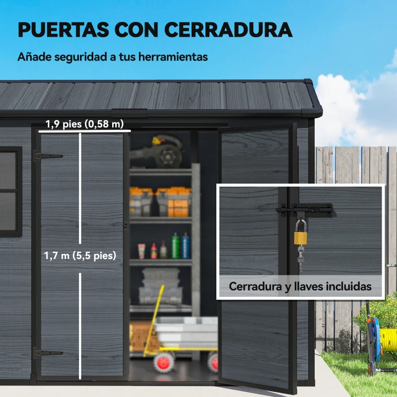 Outsunny Cobertizo de Jardín Exterior 2,77 m² 244x131x201 cm con Suelo Puertas con Pestillo Ventanas y Ventilación Gris Oscuro