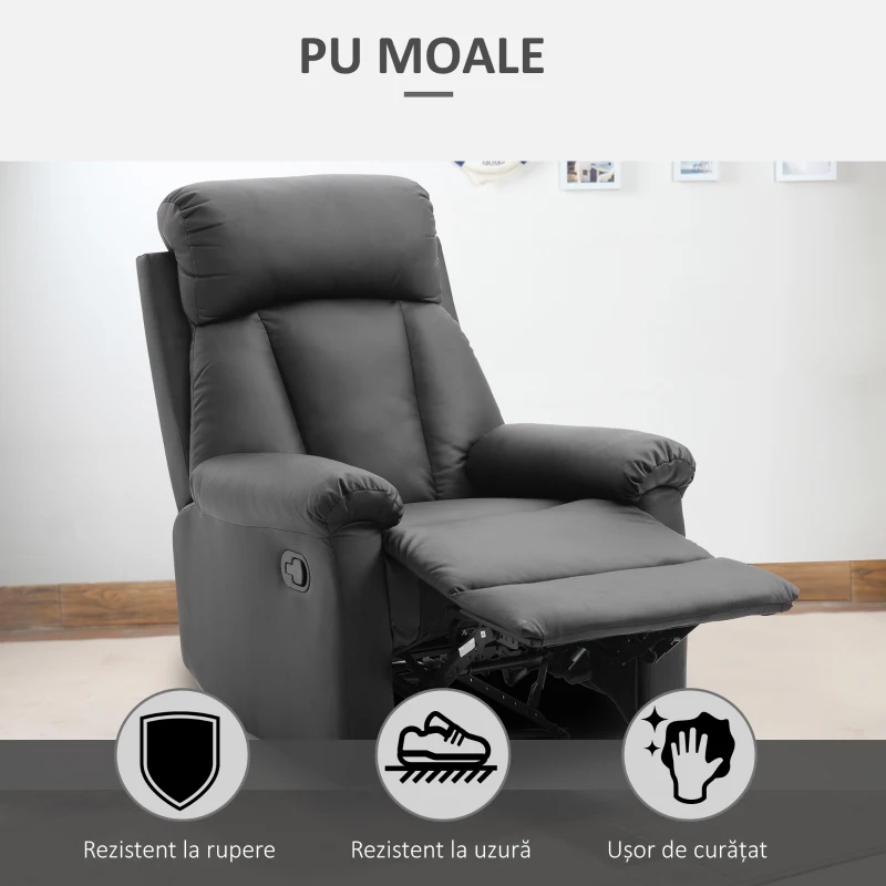 HOMCOM Fotoliu Relax Rabatabil cu Captuseala Ergonomica cuTaburet in Piele Ecologica,80 × 97 × 107cm Negru