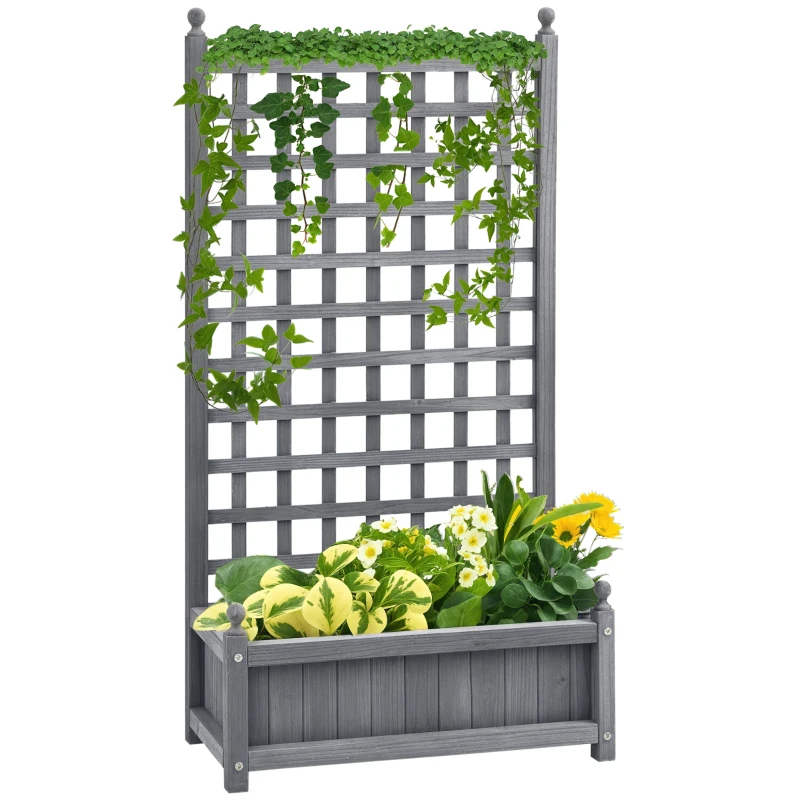 Outsunny Garden Planters with Trellis for Climbing Vines, Wood Raised Beds for Garden, Flower Pot, Indoor Outdoor, Grey