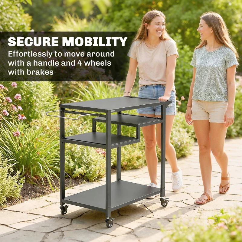 Outsunny Outdoor Grill Cart, Three-Tier Pizza Oven Stand  with Steel Tabletop, Hooks, Rubbish Bag Holder, Wheels, Black