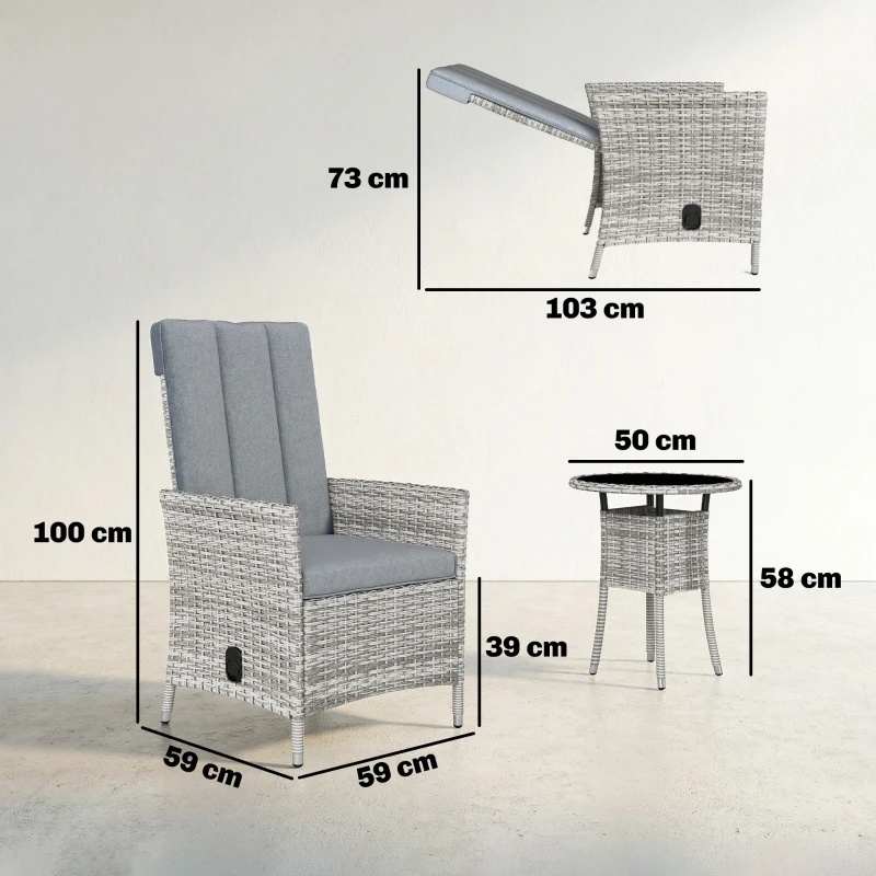 Outsunny Rattan Bistro Set, Reclining Garden Chairs and Glass Coffee Table with Cushions for Patio Balcony Porch, Light Grey