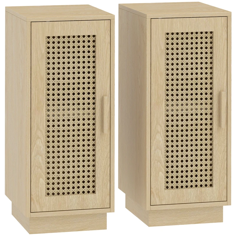 HOMCOM Lot de 2 Tables de Chevet, Étagère Réglable et Porte en Résine Tressée, Style Bohème, 25 x 30 x 60 cm, Bois Naturel