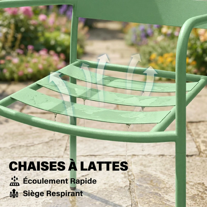 Outsunny Ensemble bistrot de jardin 3 pièces - table basse en verre trempé et 2 chaises à lattes, cadre en acier galvanisé, vert