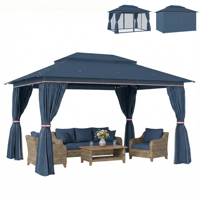 Outsunny 3 x 4 m Outdoor Garden Gazebo with Netting and Curtains, UPF50+ Patio Gazebo Permanent Pavilion Canopy, Dark Blue