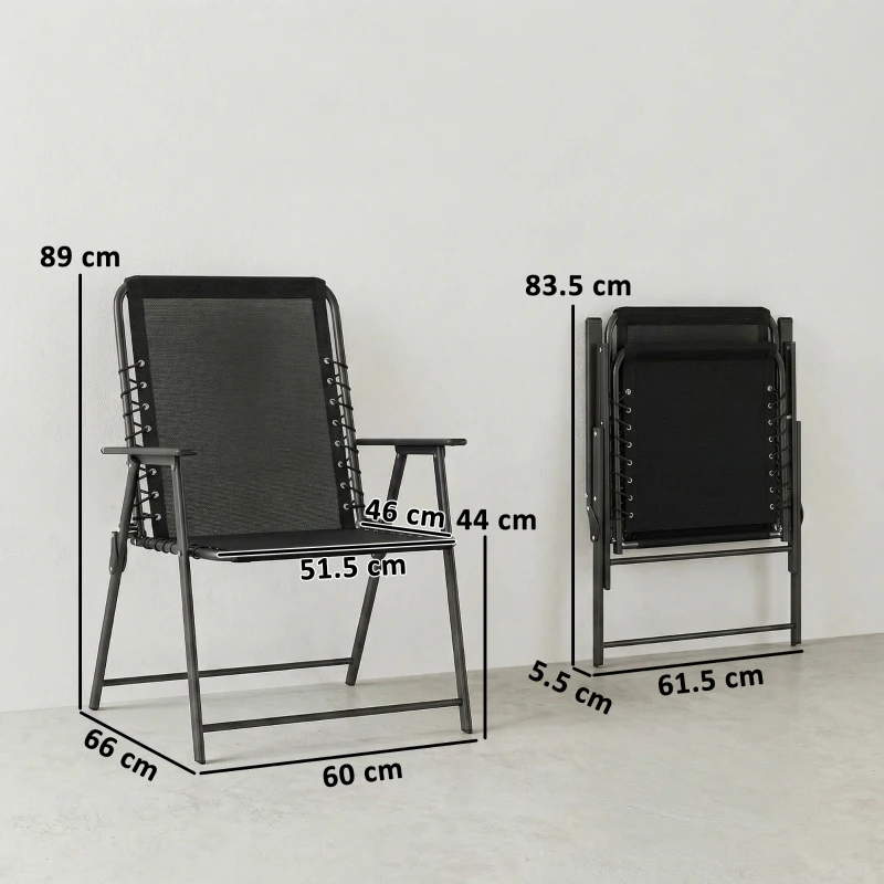 Outsunny Folding Garden Chairs Set of 2, Outdoor Dining Chairs with Wide Texteline Seat, High Back and Armrests, Black
