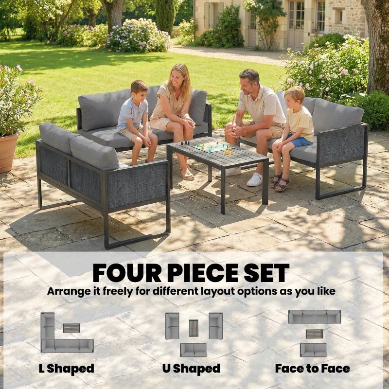 Outsunny 6 Seater Metal Garden Furniture Corner Sofa Set with 3 Loveseats, Faux Wood Table, Texteline Seat, Cushions, Dark Grey