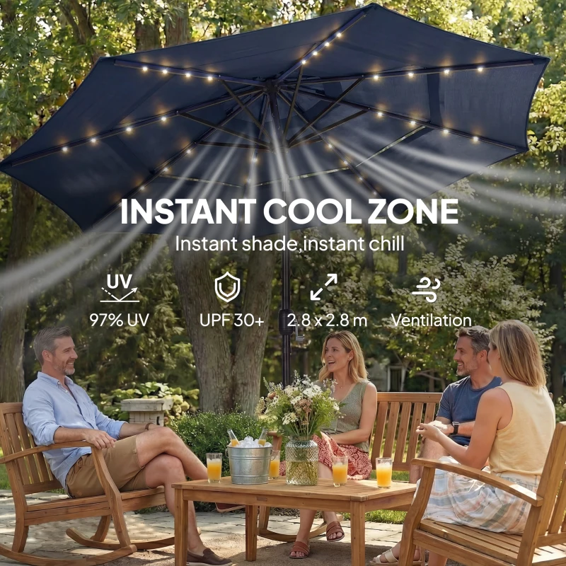 Outsunny 2.8 m Garden Parasol Umbrella with LED Solar Light, Parasol Cover, 3 Tier Outdoor Table Market Patio Umbrella, Navy Blue