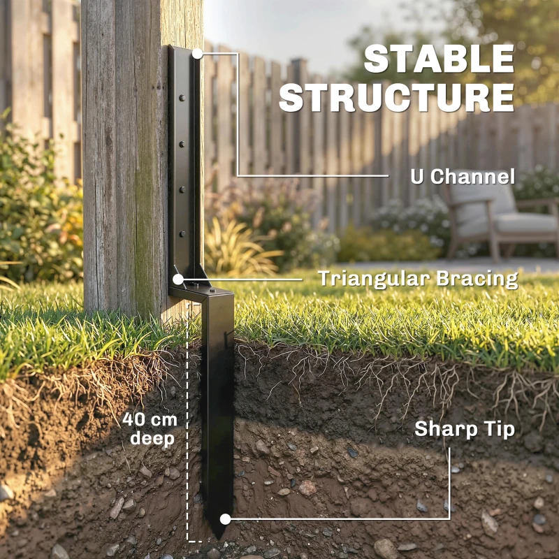 Outsunny 2 Pack Fence Post Repair Kit, 81 cm Metal Fence Post Support with Drill, Garden Ground Spikes for Broken Gate, Posts