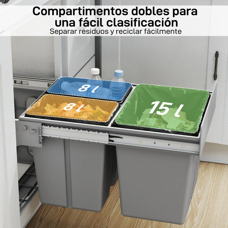 HOMCOM Cubo de Basura Extraíble bajo Fregadero con 3 Contenedores Capacidad Total 31L (15L+8Lx2) Fijación Inferior Gris Claro