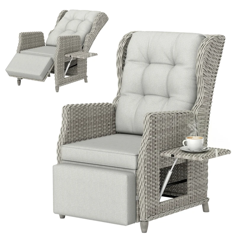 Outsunny Rattan Garden Recliner Chair, Reclining Garden Chair with Adjustable Back and Footrest, Flip Table, Cushion, Light Grey