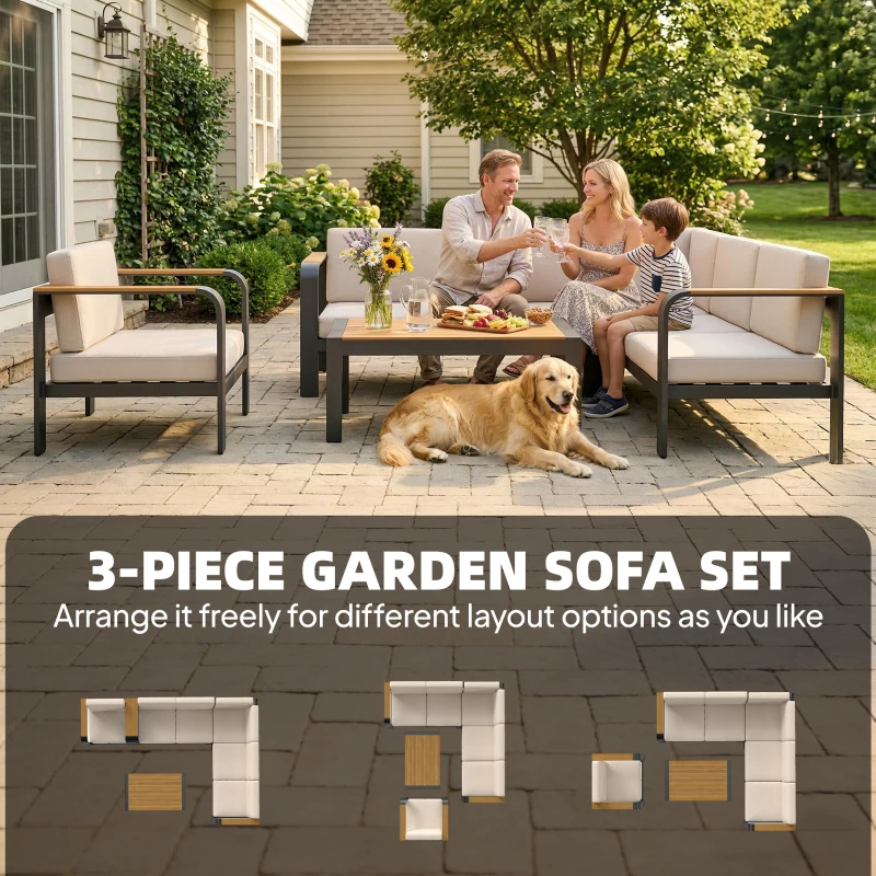 Outsunny 3 Pieces Garden Furniture Set with L-Shaped Sofa, Armchair and Coffee Table, Aluminium Garden Corner Sofa Set