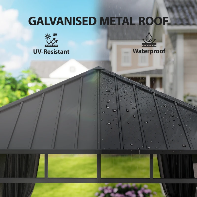 Outsunny 2.5 x 2.5 m Hardtop Gazebo with Galvanised Steel Roof, Waterproof Permanent Pavilion Garden Gazebo with Netting and Curtains for Patio, Deck, Dark Grey