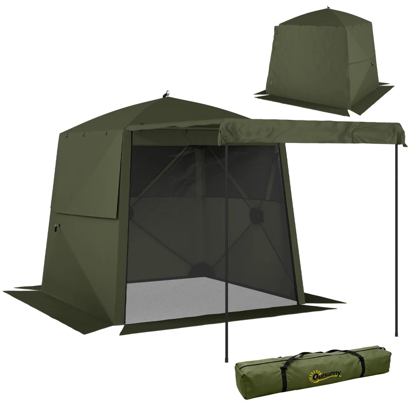 Outsunny Pop Up Gazebo Waterproof Instant Shelter with Awning Mesh Windows for Camping Patio 2 x 2 m, Army Green