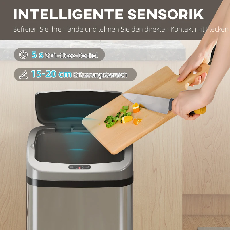 HOMCOM 48 L Sensor-Mülleimer für Küche oder Büro, automatische Schließ-Funktion, Edelstahl, Silberton