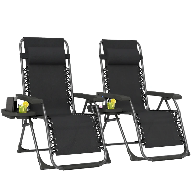 Outsunny Zero Gravity Chairs Set of 2, Folding Sunloungers Reclining Garden Chairs with Cup Holder, Headrest, Black