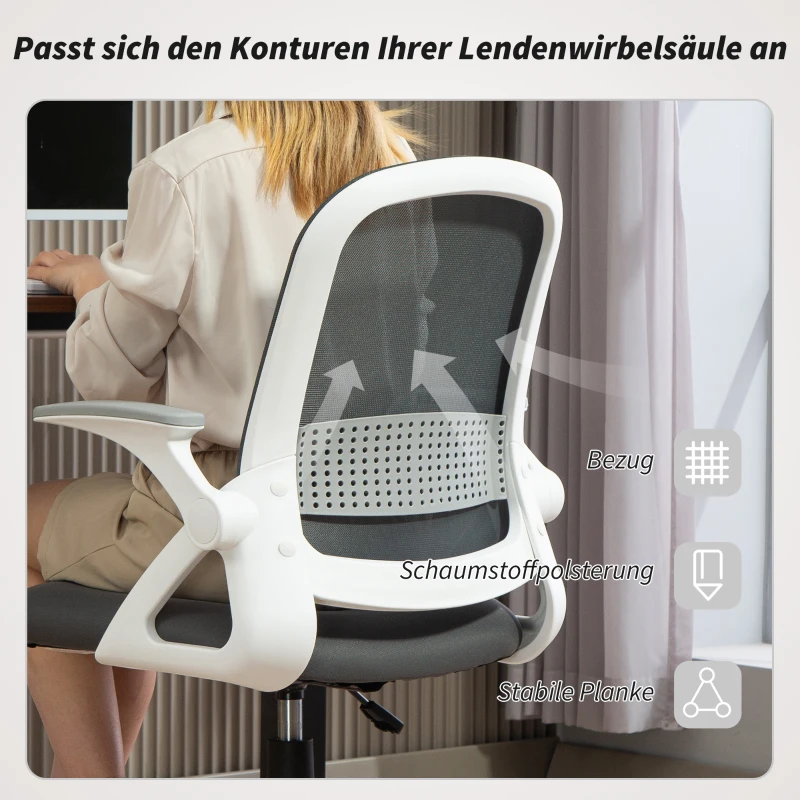 HOMCOM Atmungsaktiver Mesh-Bürostuhl, Ergonomischer Drehstuhl mit klappbaren Armlehnen und Lendenwirbelstütze, Grau