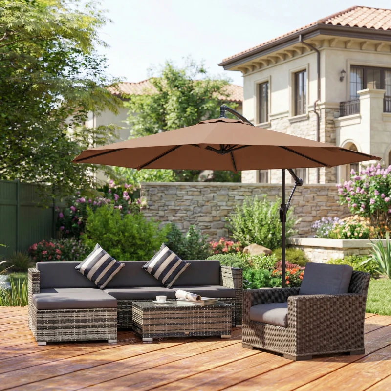 Outsunny 3 m Overhanging Cantilever Parasol, with Cross Base - Coffee