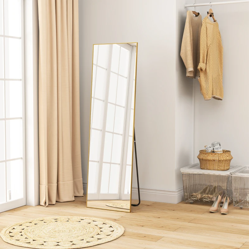 HOMCOM Espejo de Pie Cuerpo Entero de Aleación de Aluminio Espejo de Pared con 2 Formas de Uso Rectangular 50x161,5x2 cm Dorado