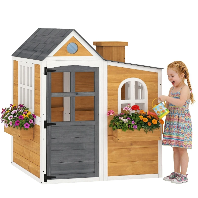 AIYAPLAY Casetta per Bambini da Esterno in Legno, Casa per Bambini Esterno/Interno con Porta, Finestre e 3 Fioriere, Giallo