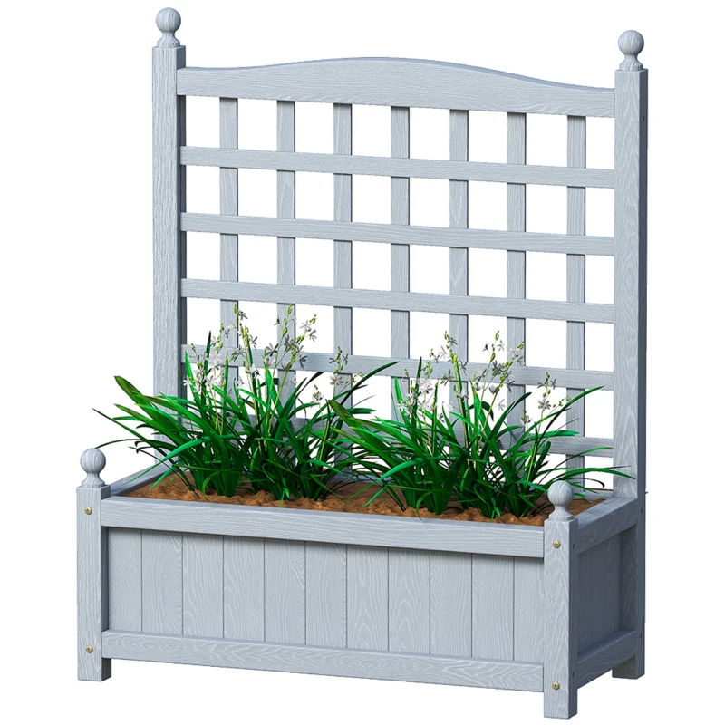 Outsunny Garden Planters with Trellis for Climbing Vines, Wood Raised Beds for Garden, Flower Pot, Indoor Outdoor, Grey