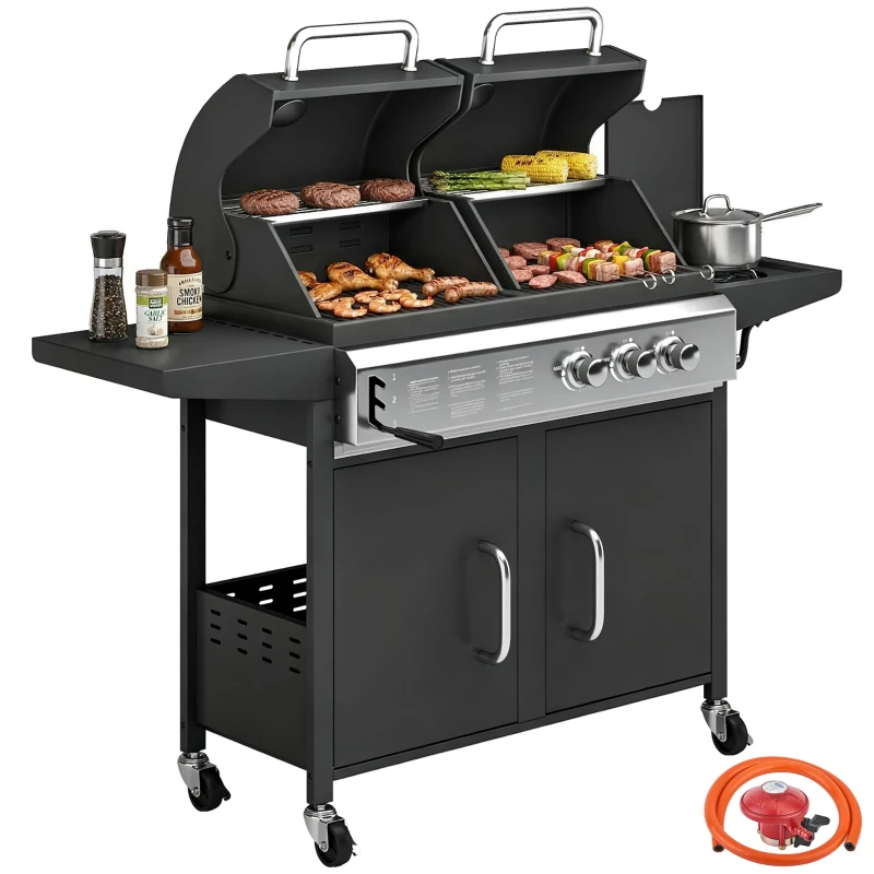 Outsunny 2+1 Burner Hybrid Dual Fuel BBQ Gas Grill, 2-in-1 Propane & Charcoal Barbecue Grill Smoker Combo with Wheels, Black