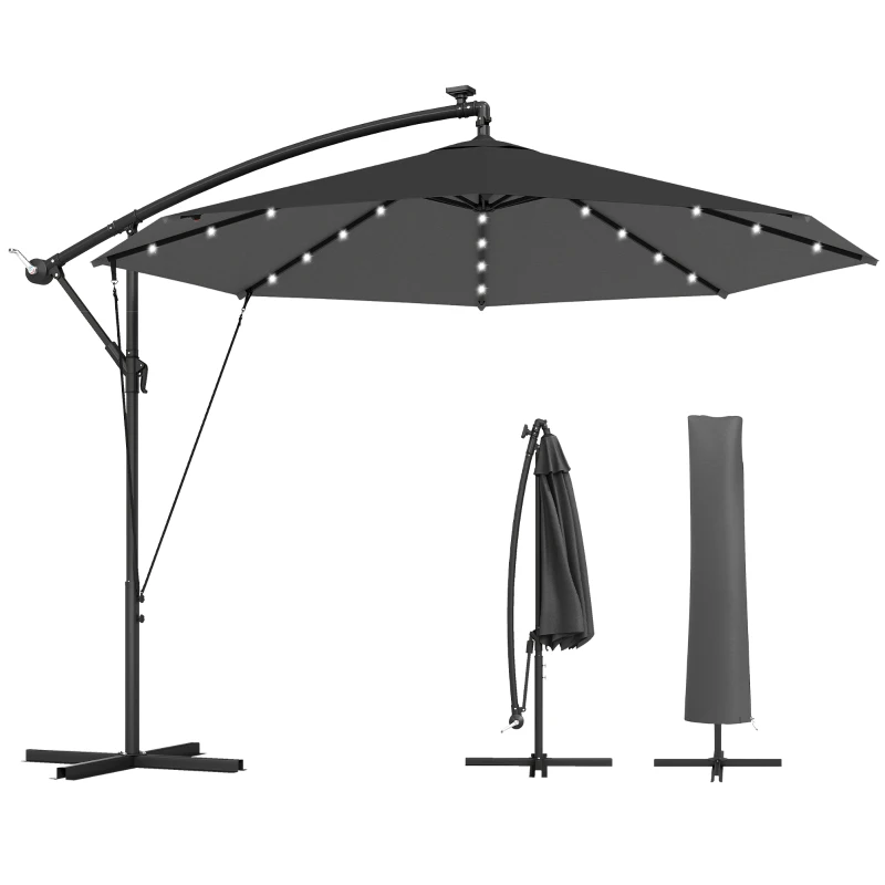 Outsunny 3 m Cantilever Parasol with Solar LED Lights Garden Umbrella with Cross Base, Black