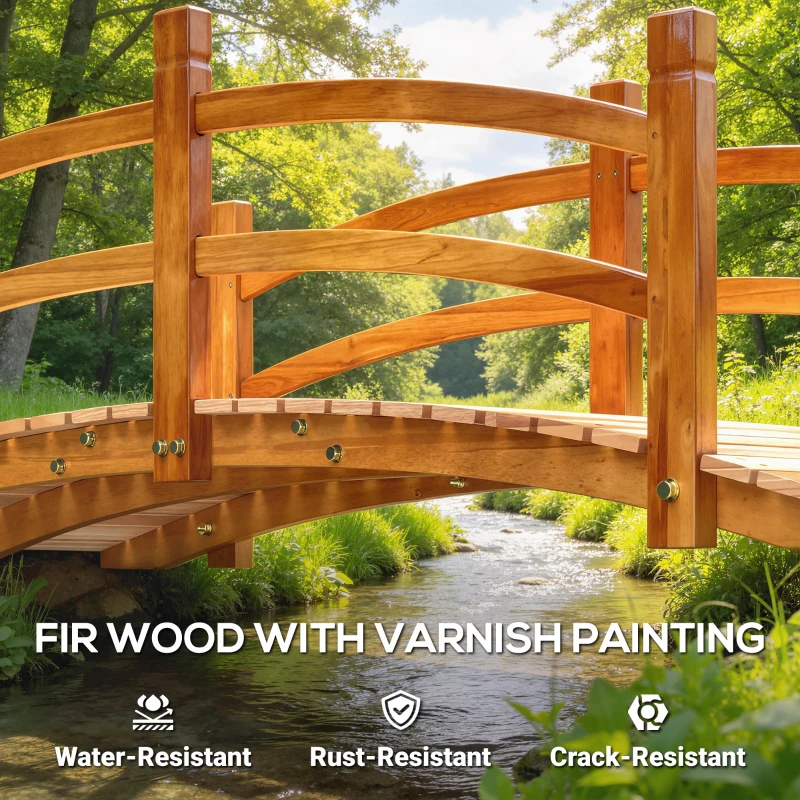 Outsunny 6FT Wooden Garden Bridge with Safety Railings, Classic Arc Footbridge for Stream Pond Walkway, Orange