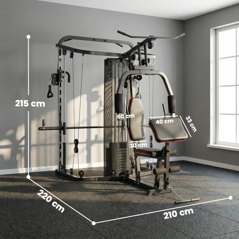SPORTNOW Home Multi Gym Smith Machine with 65kg Weight Stack, Cable Pulley System, Chest Station, Preacher Pad & Leg Developer