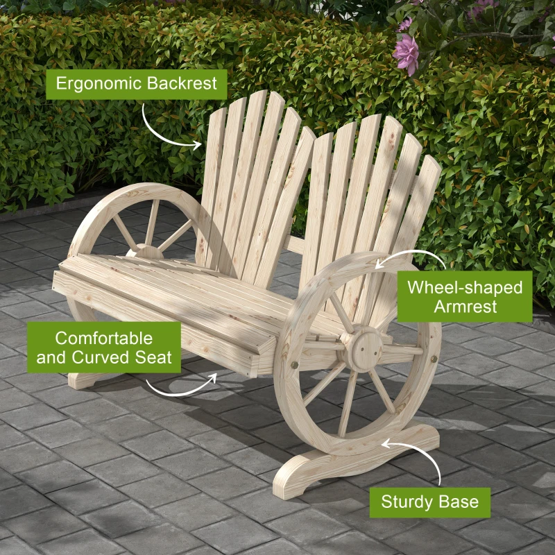 Outsunny Fir Wood Love Seats with Wheel-Shaped Armrests, Large Load-Bearing Chair, Natural Wood Finish