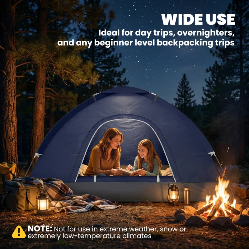Outsunny 2 Person Camping Tent, Dome Tent with Zipped Doors, Storage Pocket, Portable Handy Bag, Navy Blue