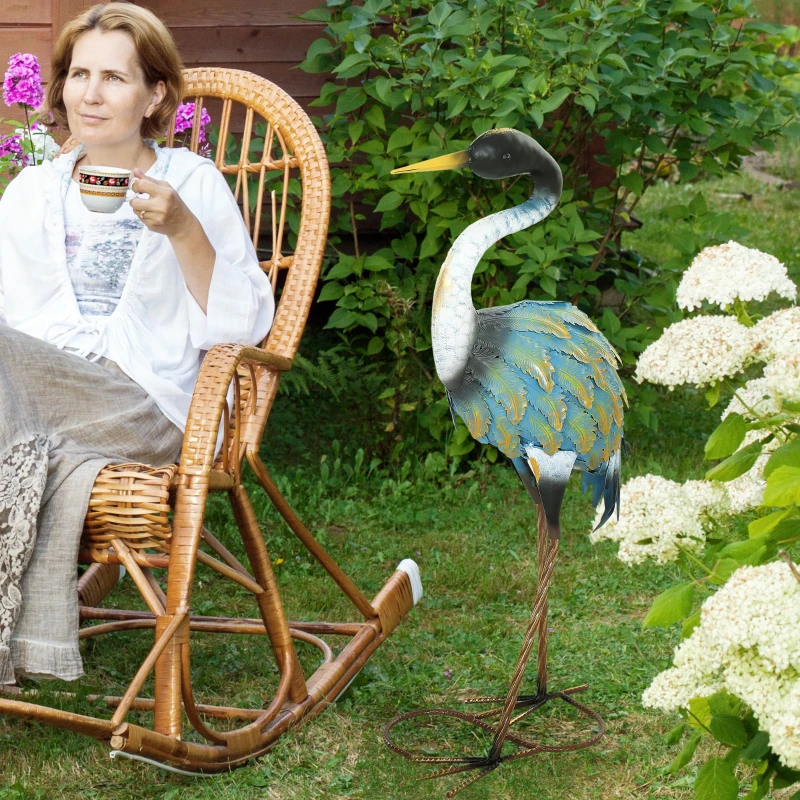 Outsunny Heron Garden Statue, Standing Garden Ornament, Metal Garden Gift with Stakes, 28 x 17 x 63 cm, Multi-Colour