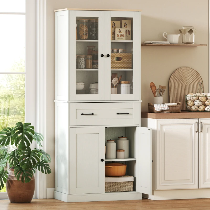 HOMCOM Armário de Cozinha com 2 Portas de Acrílico Gaveta Grande e Prateleiras Ajustáveis 76x40x182,5 cm Creme