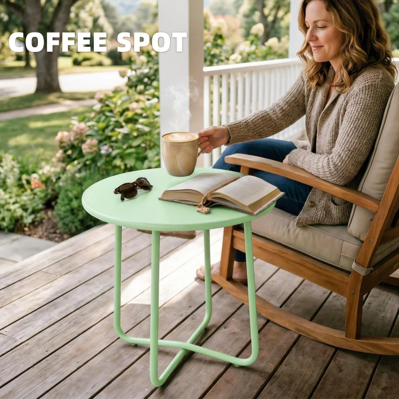 Outsunny 48 cm Round Garden Side Table, Small Metal Outdoor Garden Table with Rolled Edge, Green