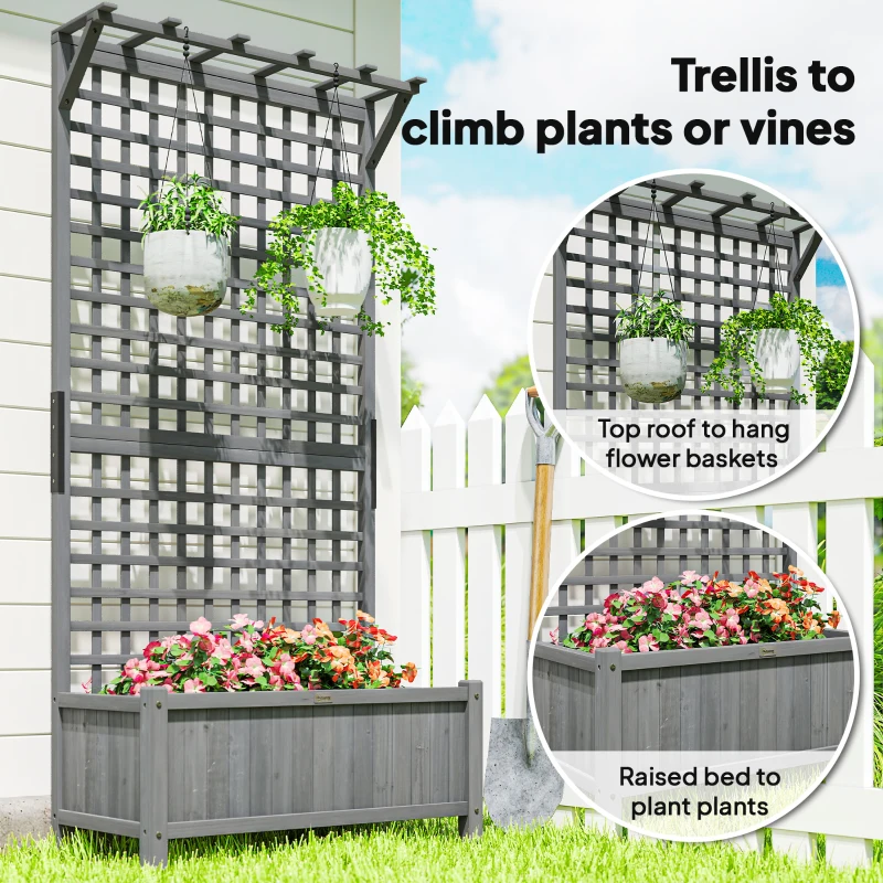 Outsunny Raised Bed with Drainage Holes, Wood Planter with Trellis for Climbing Plants, Dark Grey