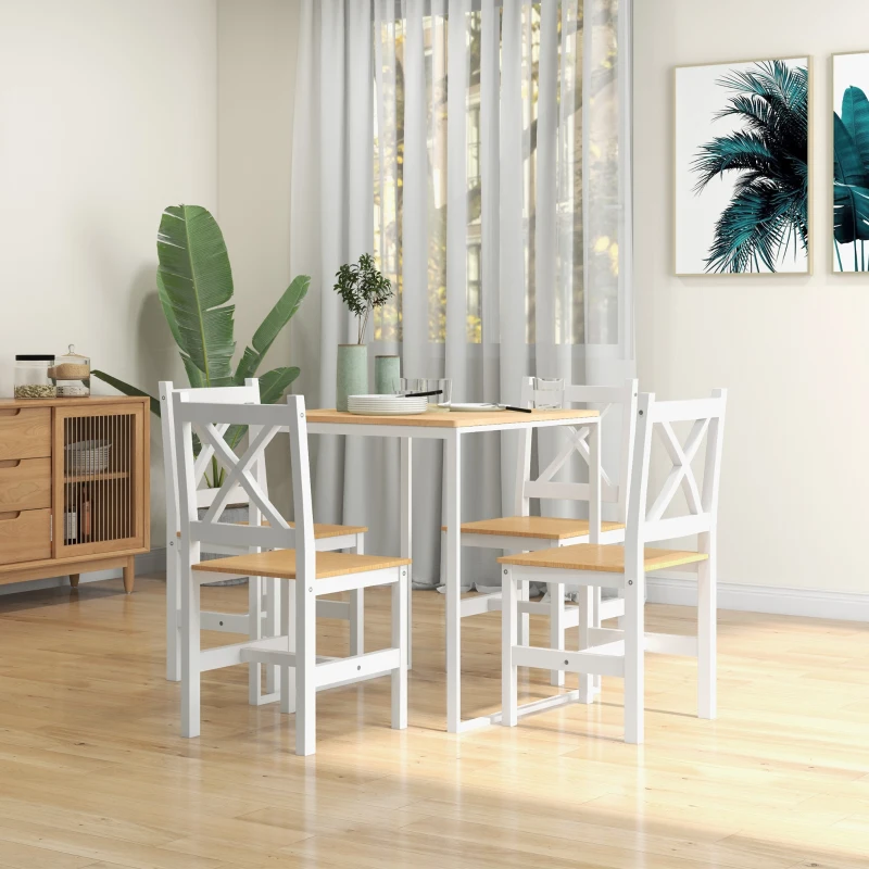 HOMCOM Lot de 4 chaises de salle à manger en bois massif chaise de cuisine esprit campagne dossier croisé blanc et chêne
