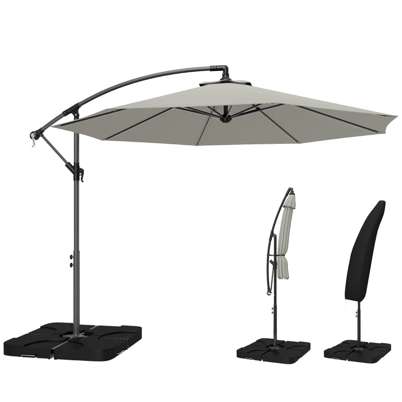 Outsunny 3m Overhanging Parasol, with Base, Weights and Cover - Light Grey