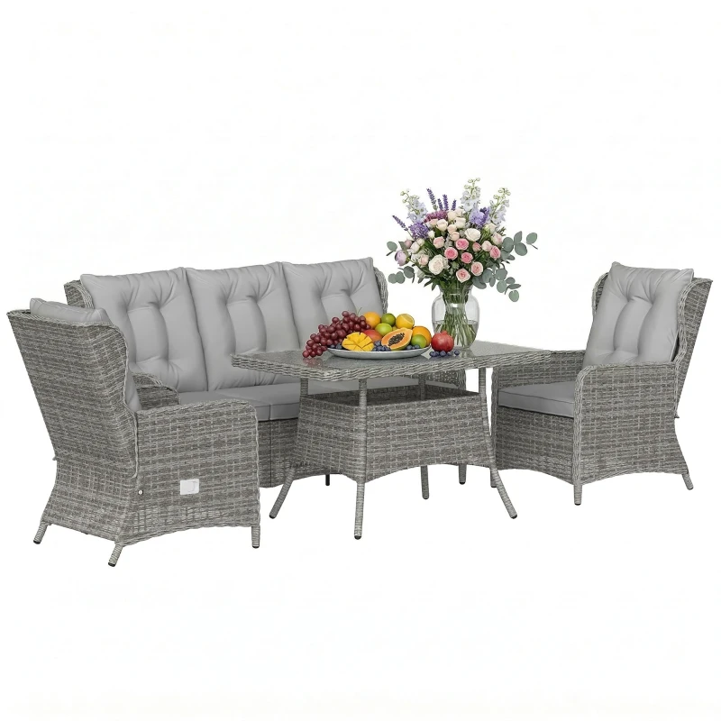 Outsunny 5 Seater Rattan Garden Furniture Set with Sofa, Reclining Chairs, Table, Patio Rattan Furniture Sofa Sets, Grey